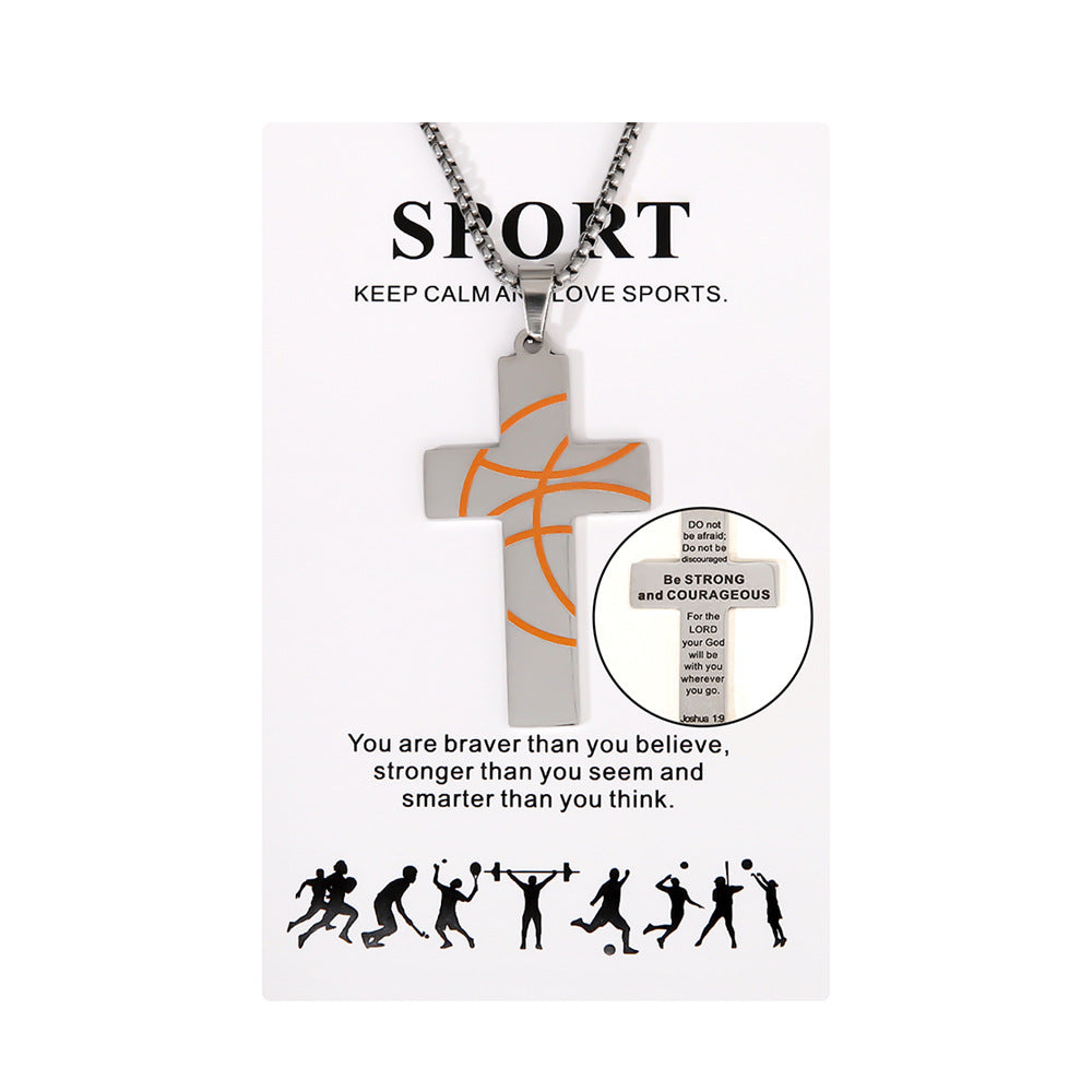 Wholesale Sports Style Basketball Rugby Football Stainless Steel Cross Pendant Necklace